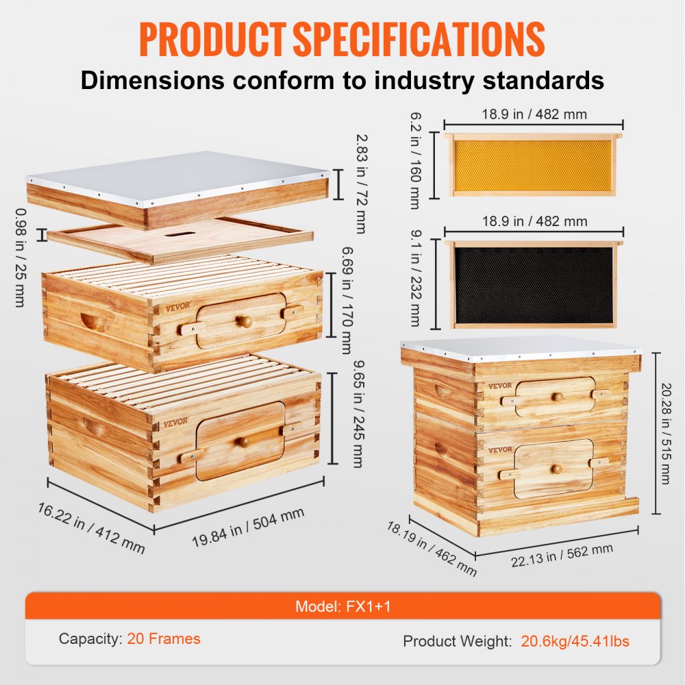 AMITOOLS Bee Hive 20 Frame Bee Hives Starter Kit, Beeswax Coated Cedar Wood, 1 Deep + 1 Medium Bee Boxes Langstroth Beehive Kit, Transparent Acrylic Windows with Foundations for Beginners Pro Beekeepers