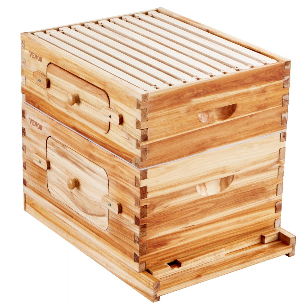 AMITOOLS Bee Hive 20 Frame Bee Hives Starter Kit, Beeswax Coated Cedar Wood, 1 Deep + 1 Medium Bee Boxes Langstroth Beehive Kit, Transparent Acrylic Windows with Foundations for Beginners Pro Beekeepers