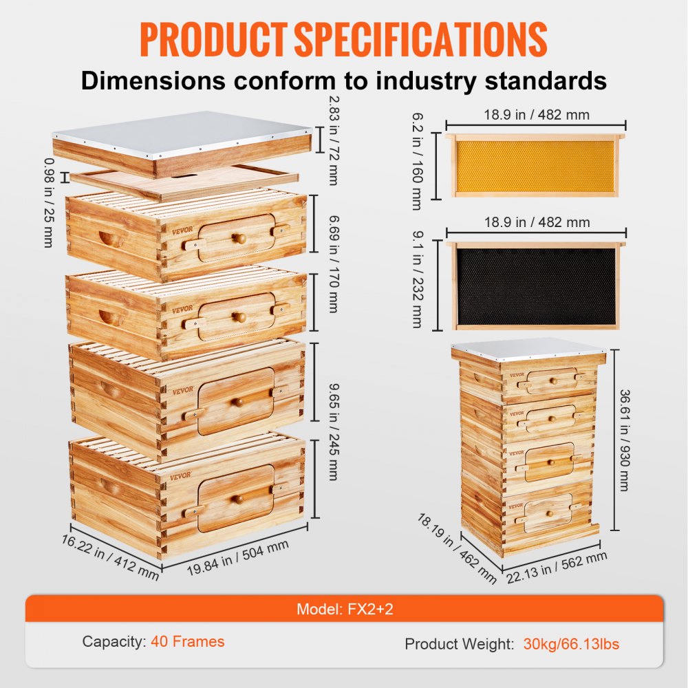 AMITOOLS Bee Hive 40 Frame Bee Hives Starter Kit, Beeswax Coated Cedar Wood, 2 Deep + 2 Medium Bee Boxes Langstroth Beehive Kit, Transparent Acrylic Windows with Foundations for Beginners Pro Beekeepers