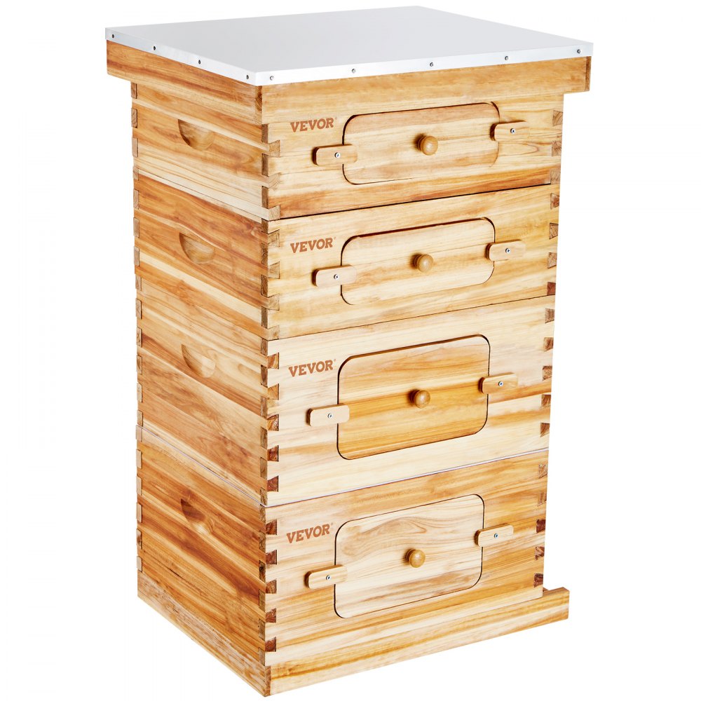 AMITOOLS Bee Hive 40 Frame Bee Hives Starter Kit, Beeswax Coated Cedar Wood, 2 Deep + 2 Medium Bee Boxes Langstroth Beehive Kit, Transparent Acrylic Windows with Foundations for Beginners Pro Beekeepers