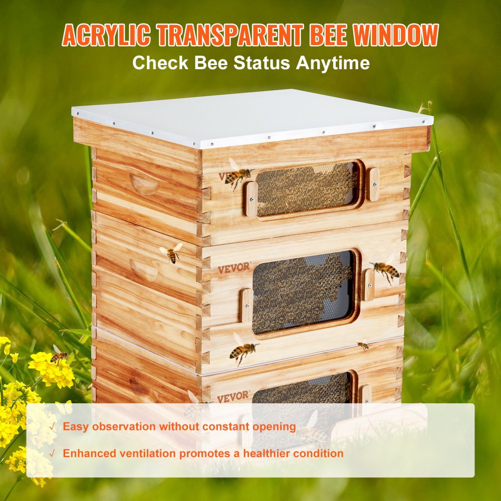 AMITOOLS Bee Hive 30 Frame Bee Hives Starter Kit, Beeswax Coated Cedar Wood, 2 Deep + 1 Medium Bee Boxes Langstroth Beehive Kit, Transparent Acrylic Windows with Foundations for Beginners Pro Beekeepers