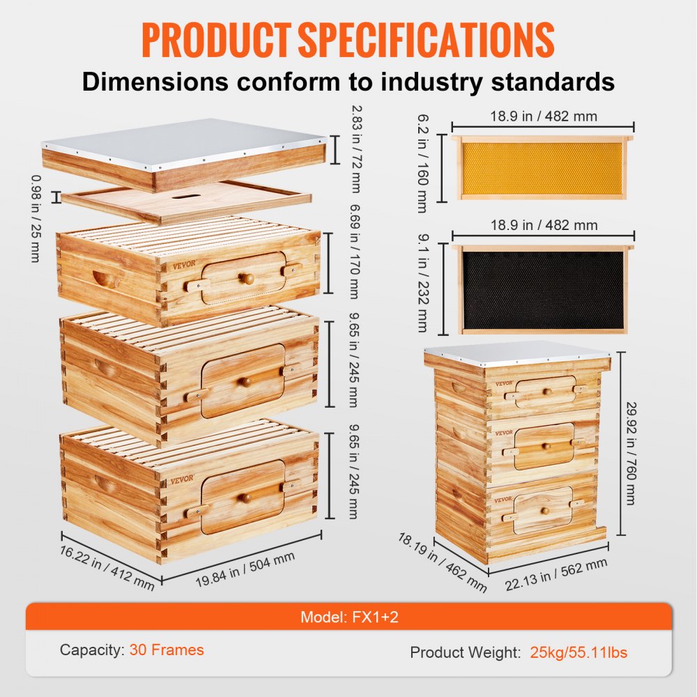 AMITOOLS Bee Hive 30 Frame Bee Hives Starter Kit, Beeswax Coated Cedar Wood, 2 Deep + 1 Medium Bee Boxes Langstroth Beehive Kit, Transparent Acrylic Windows with Foundations for Beginners Pro Beekeepers