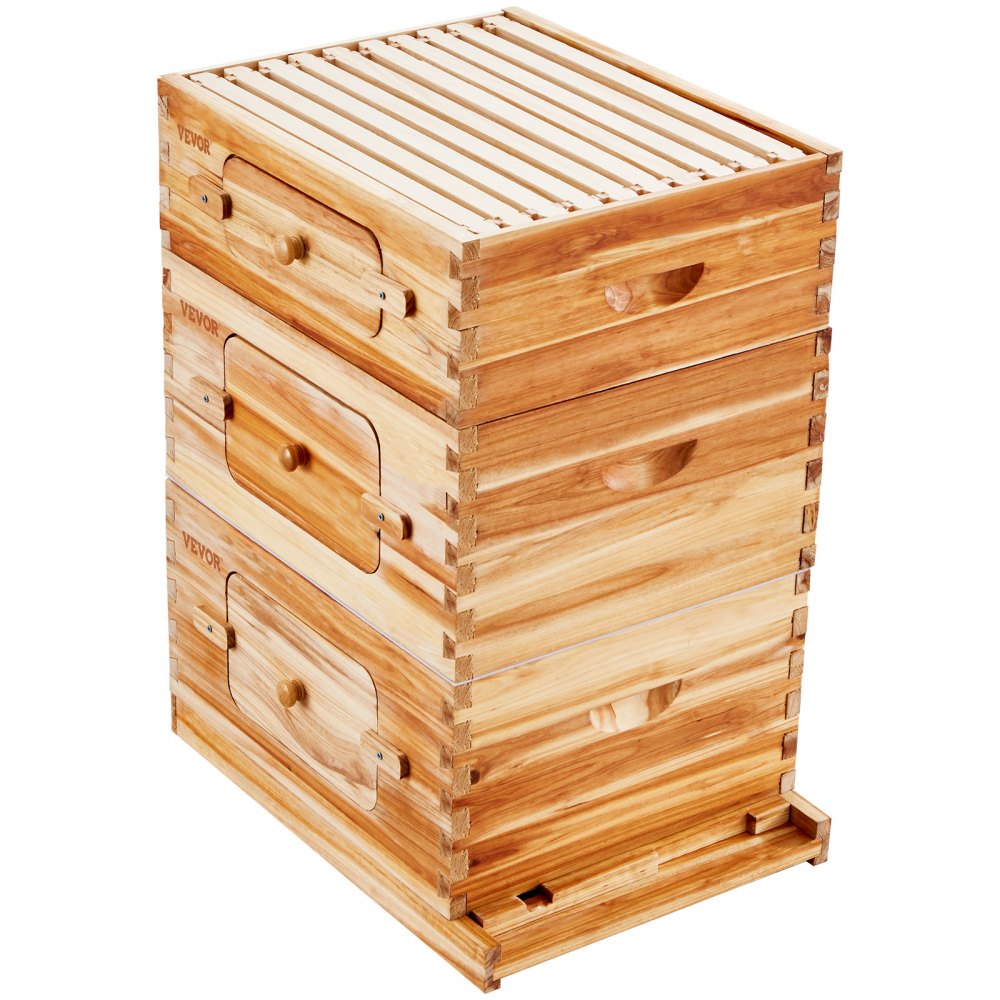 AMITOOLS Bee Hive 30 Frame Bee Hives Starter Kit, Beeswax Coated Cedar Wood, 2 Deep + 1 Medium Bee Boxes Langstroth Beehive Kit, Transparent Acrylic Windows with Foundations for Beginners Pro Beekeepers