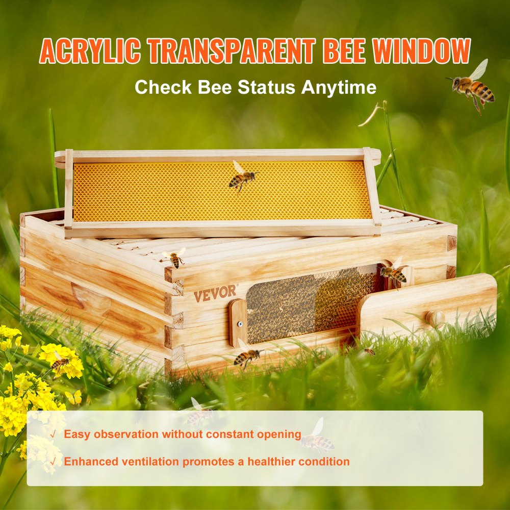 AMITOOLS Bee Hive Medium Box Starter Kit, 100% Beeswax Coated Natural Cedar Wood, Langstroth Beehive Kit with 10 Frames and Foundations, Transparent Acrylic Bee Windows for Beginners and Pro Beekeepers