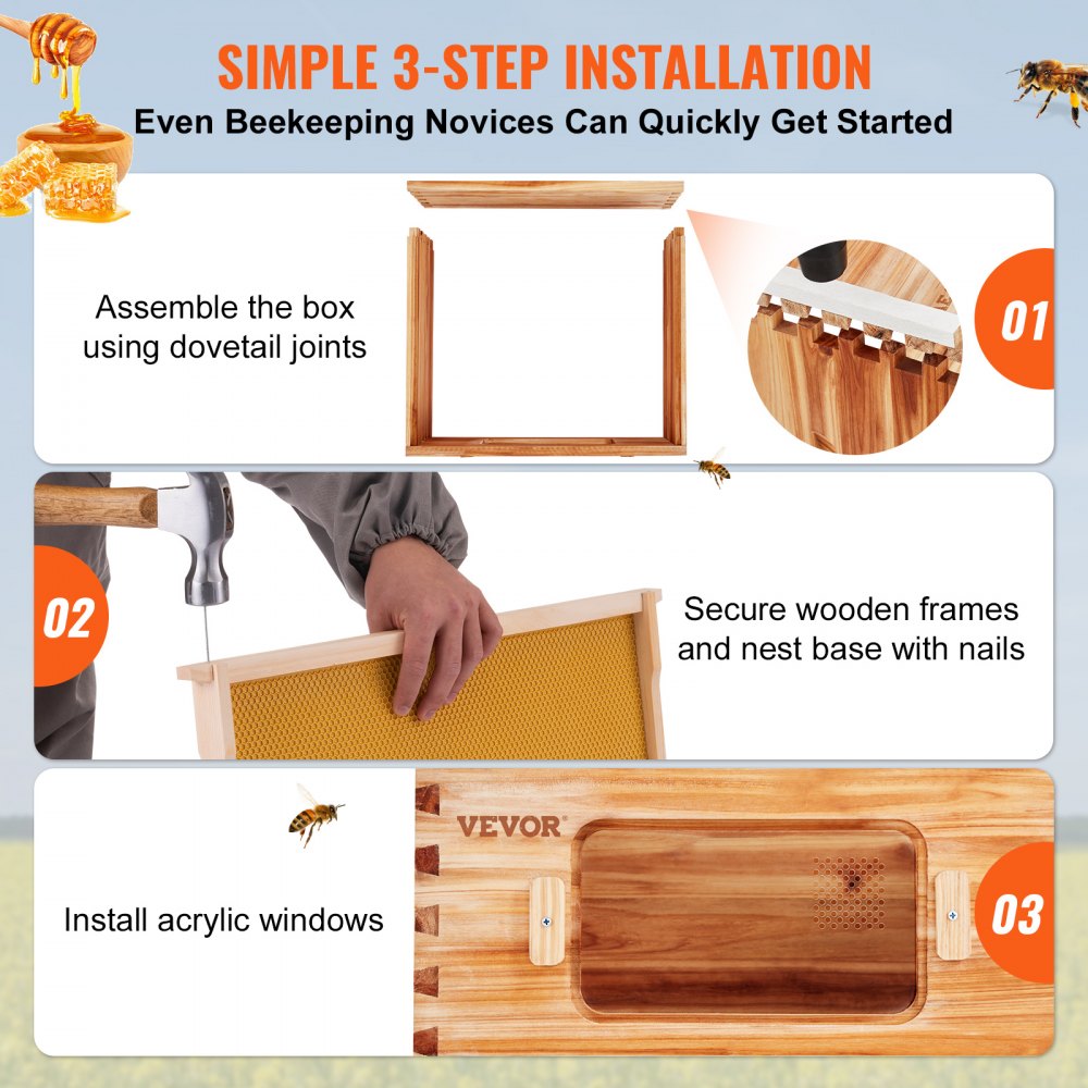 AMITOOLS Bee Hive Medium Box Starter Kit, 100% Beeswax Coated Natural Cedar Wood, Langstroth Beehive Kit with 10 Frames and Foundations, Transparent Acrylic Bee Windows for Beginners and Pro Beekeepers