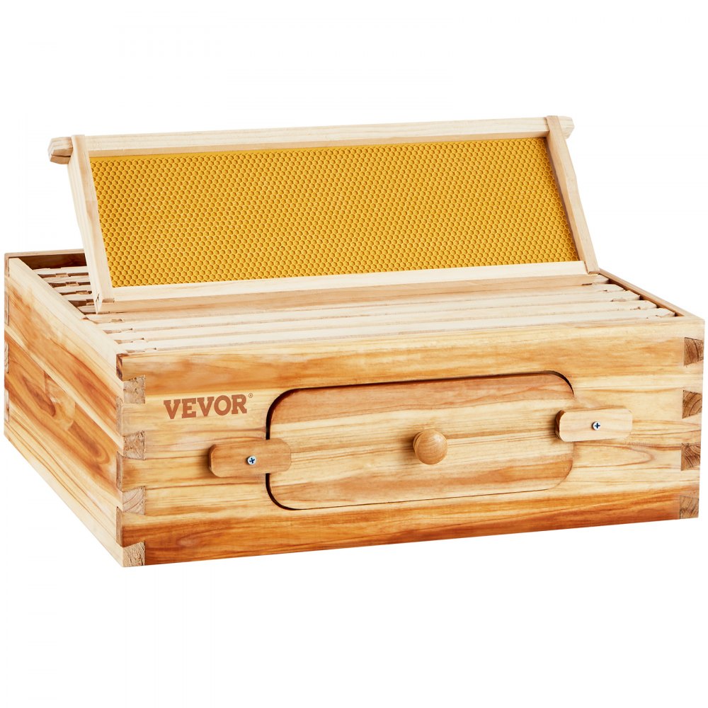 AMITOOLS Bee Hive Medium Box Starter Kit, 100% Beeswax Coated Natural Cedar Wood, Langstroth Beehive Kit with 10 Frames and Foundations, Transparent Acrylic Bee Windows for Beginners and Pro Beekeepers