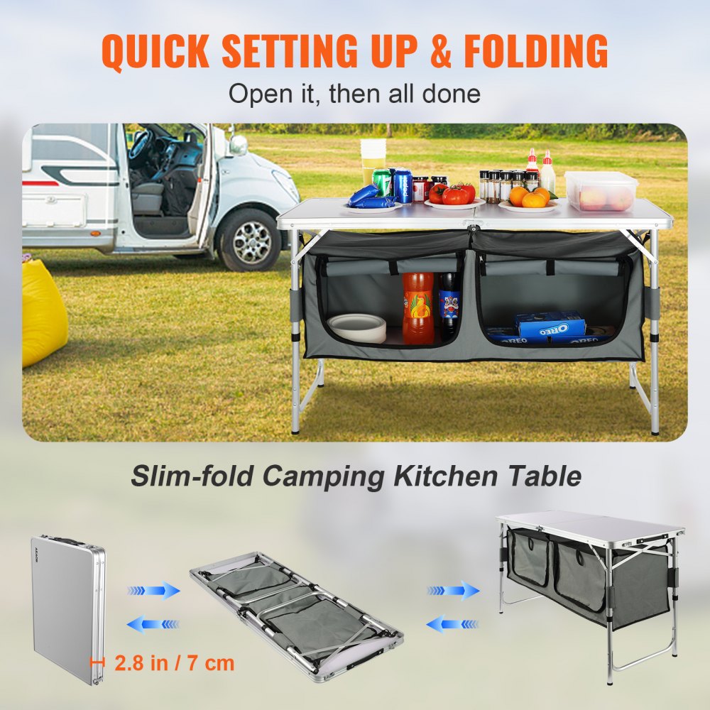 AMITOOLS Camping Kitchen Table, Quick set-up Folding Camping Table, 3 Adjustable Heights, MDF Camping Table, Ideal for Outdoor Picnics, BBQs, Camping, RV Traveling