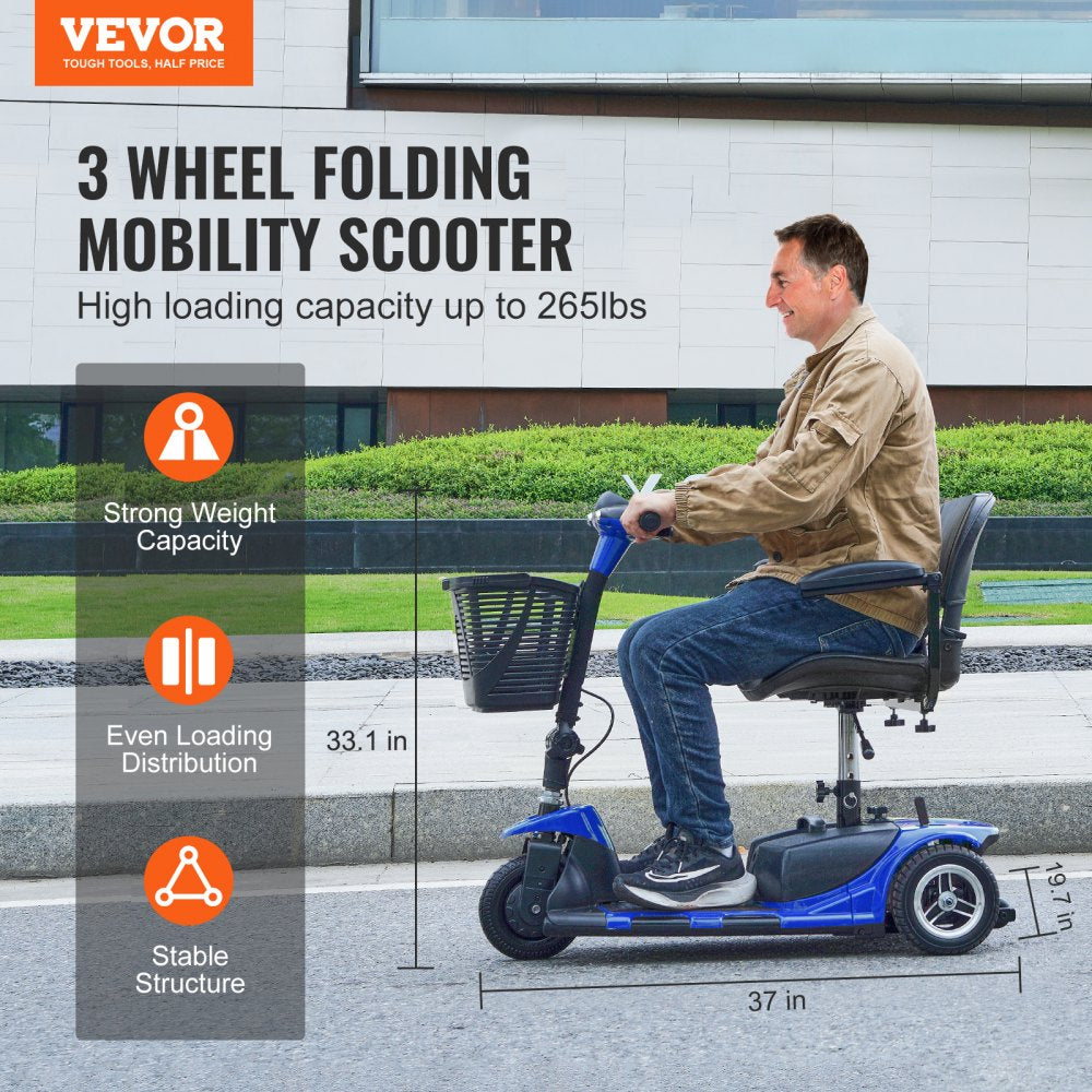 AMITOOLS 3-Wheel Folding Mobility Scooter for Seniors 12 Mile Range 265LBS Capacity