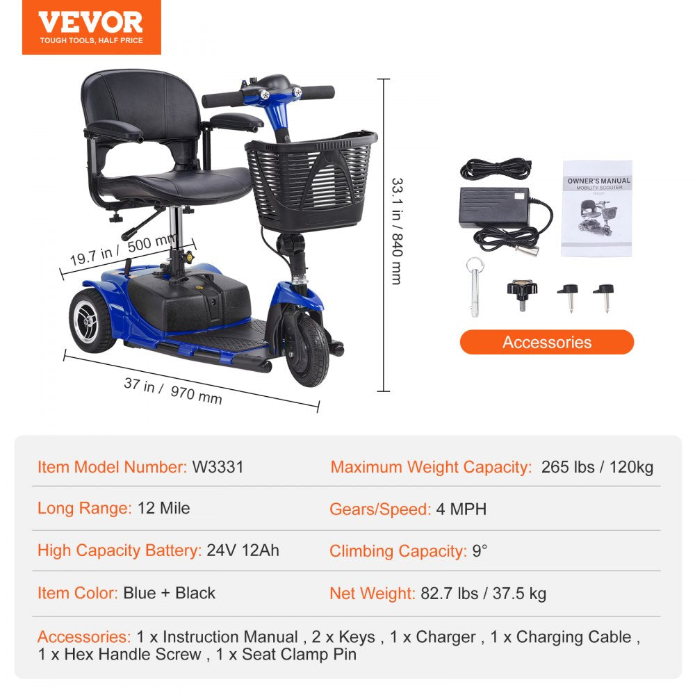 AMITOOLS 3-Wheel Folding Mobility Scooter for Seniors 12 Mile Range 265LBS Capacity