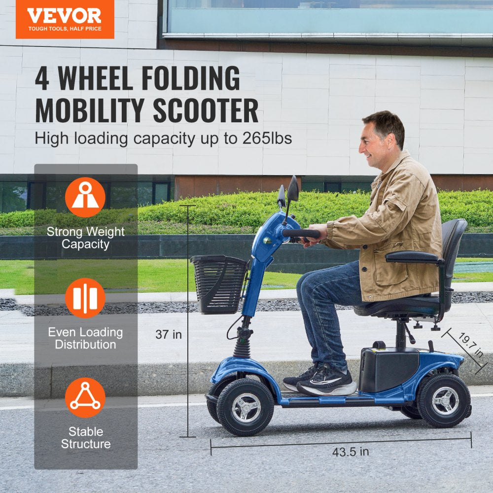 AMITOOLS Heavy-Duty 4 Wheel Mobility Scooter for Adults & Seniors - Folding Electric Powered Mobility Scooter & 12 Mile Long Range, All Terrain Travel Scooter with 9° Climbing Capacity, 265lb Capacity