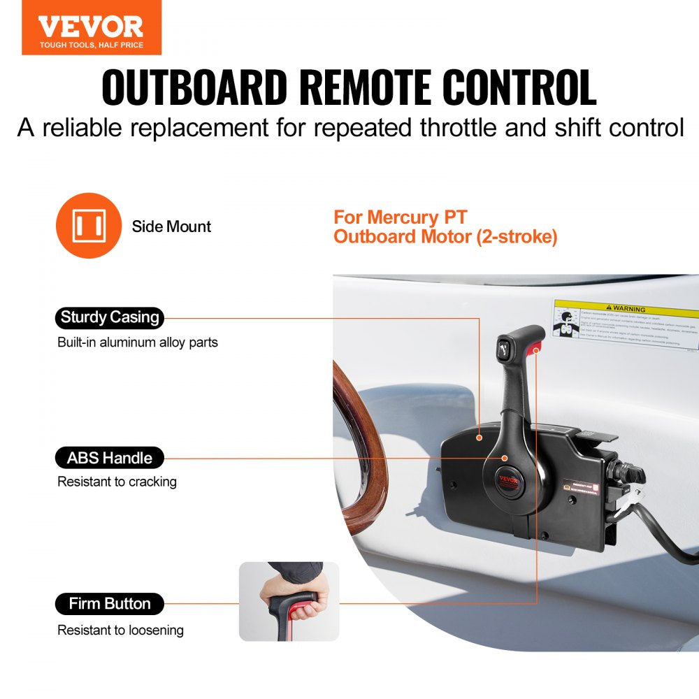 AMITOOLS Boat Throttle Control, 881170A15 Side-Mounted Outboard Remote Control Box for Mercury PT 2-Stroke, Marine Throttle Control Box with Power Trim Switch, 16.3 ft Harness 8+4 Pin, and Lanyard