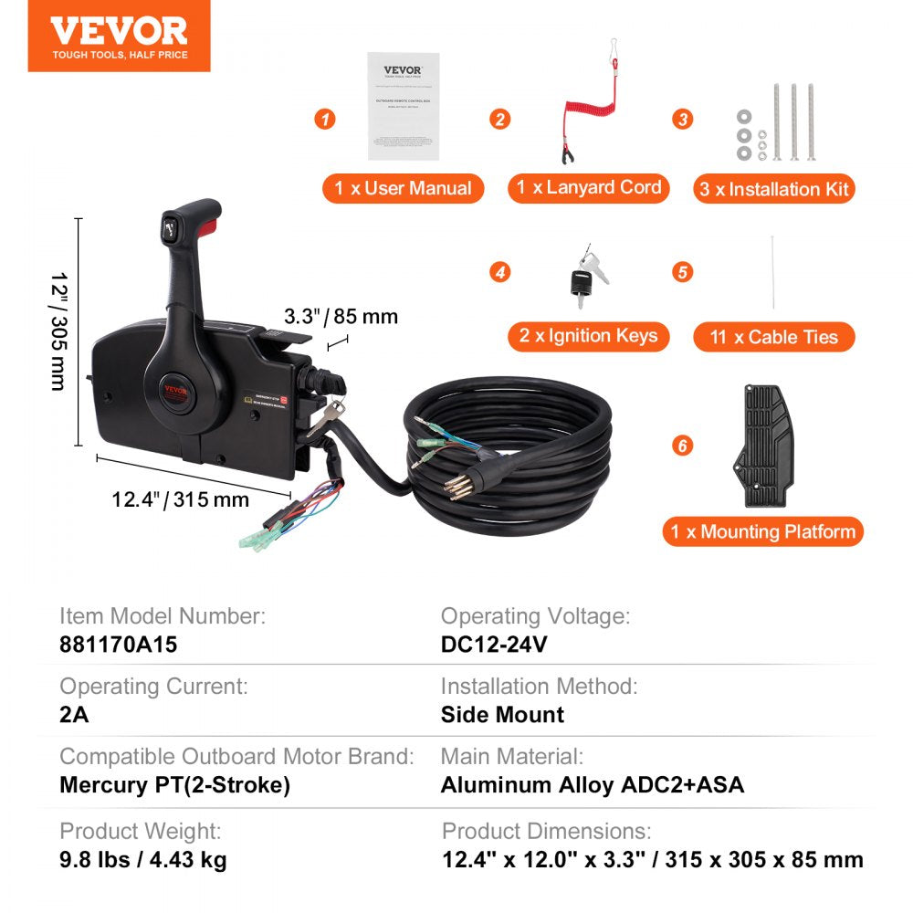 AMITOOLS Boat Throttle Control, 881170A15 Side-Mounted Outboard Remote Control Box for Mercury PT 2-Stroke, Marine Throttle Control Box with Power Trim Switch, 16.3 ft Harness 8+4 Pin, and Lanyard