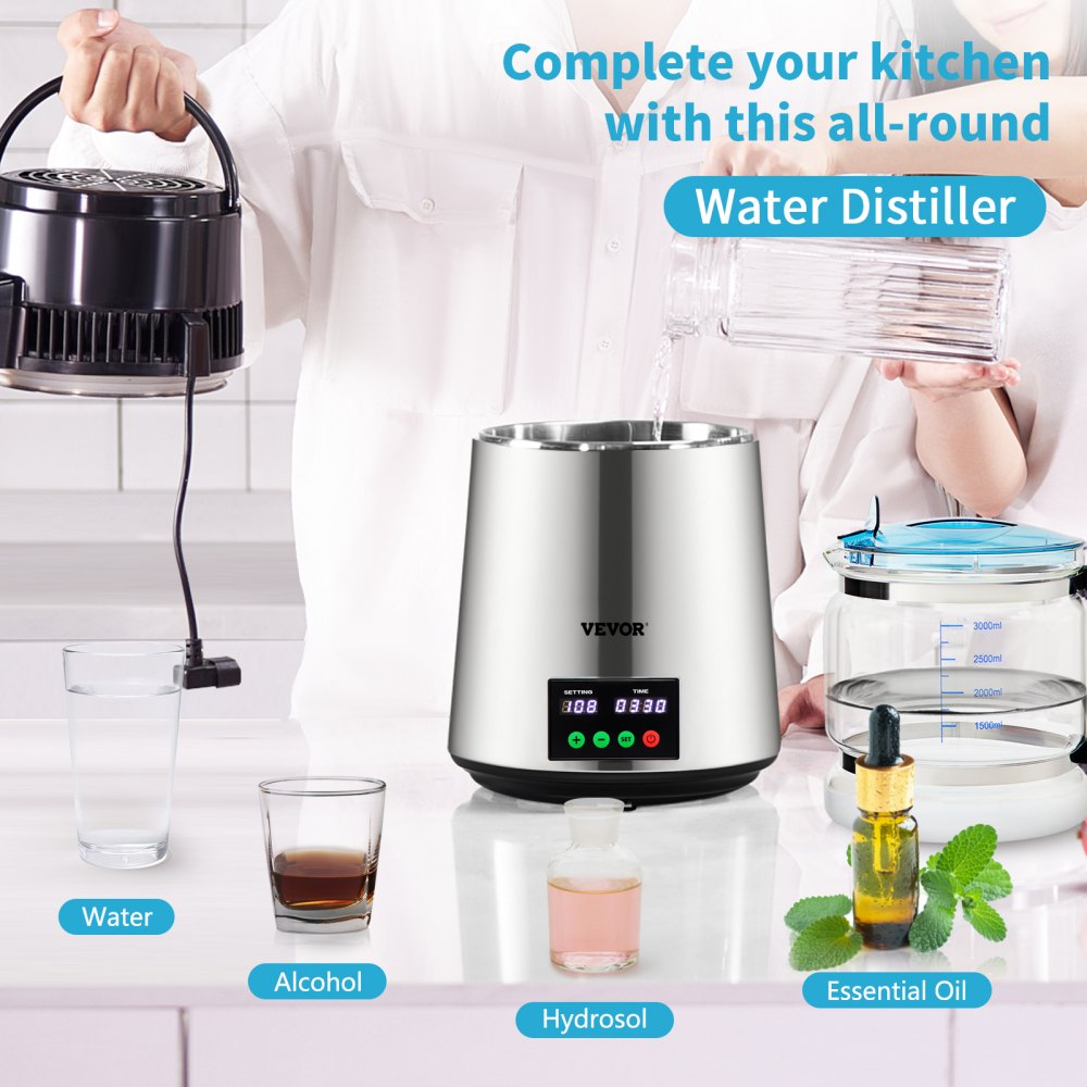 AMITOOLS 1.1 Gal Water Distiller, 0.3 Gal/H, 750W Distilled Water Maker Machine 0-99H Timing Set Temp Display, 304 Stainless Steel Countertop Distiller Glass Carafe Cleaning Powder 3 Carbon Packs, Silver