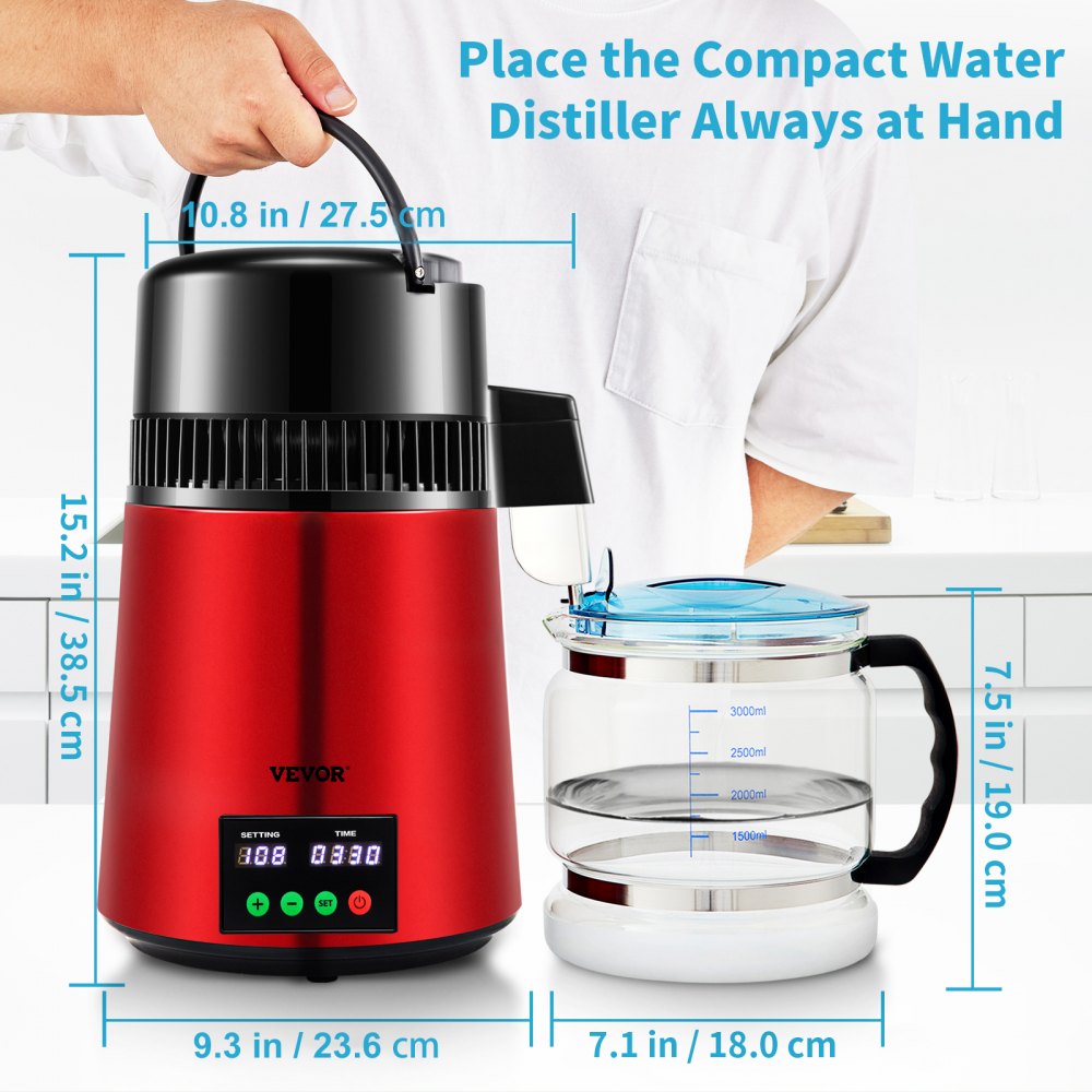 AMITOOLS 1.1Gal Water Distiller, 0.3Gal/H, 750W Distilled Water Maker Machine 0-99H Timing Setting Temp Display, 304 Stainless Steel Countertop Distiller Glass Carafe Cleaning Powder 3 Carbon Packs, Red