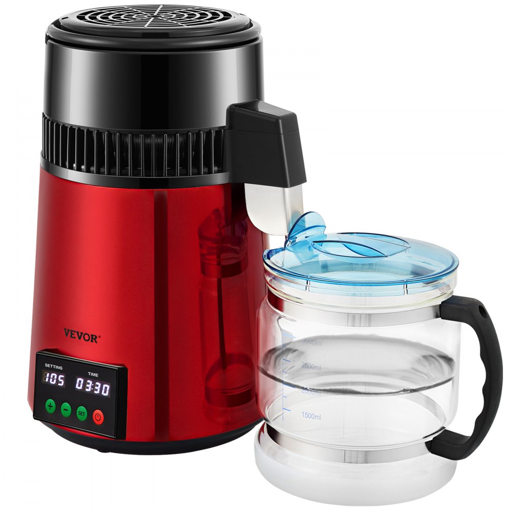 AMITOOLS 1.1Gal Water Distiller, 0.3Gal/H, 750W Distilled Water Maker Machine 0-99H Timing Setting Temp Display, 304 Stainless Steel Countertop Distiller Glass Carafe Cleaning Powder 3 Carbon Packs, Red