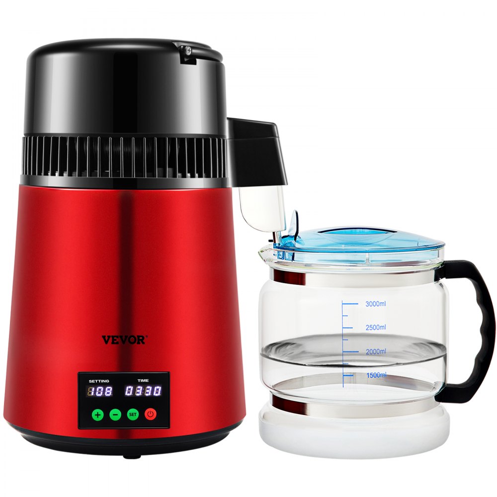 AMITOOLS 1.1Gal Water Distiller, 0.3Gal/H, 750W Distilled Water Maker Machine 0-99H Timing Setting Temp Display, 304 Stainless Steel Countertop Distiller Glass Carafe Cleaning Powder 3 Carbon Packs, Red