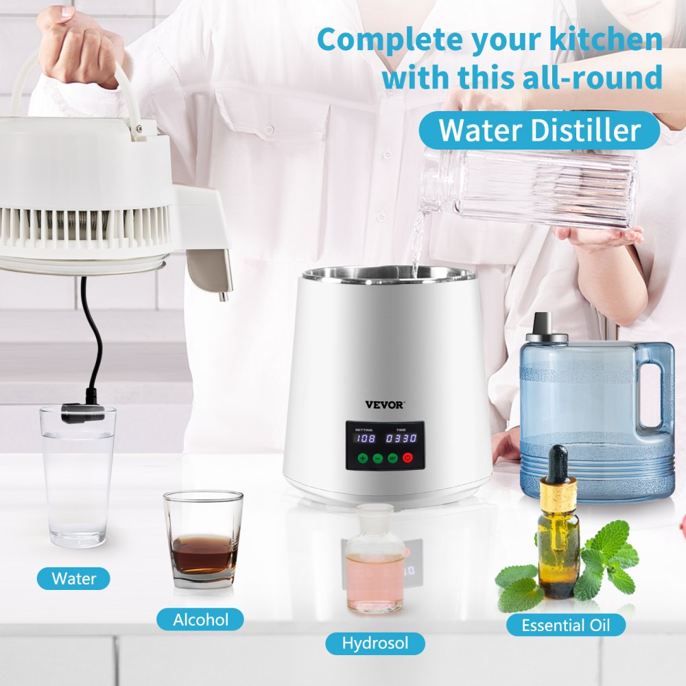 AMITOOLS 1.1Gal Water Distiller, 0.3Gal/H, 750W Distilled Water Maker Machine 0-99H Timing Set Temp Display, 304 Stainless Steel Countertop Distiller Plastic Carafe Cleaning Powder 3 Carbon Packs, White