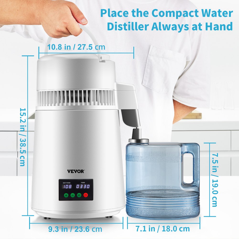 AMITOOLS 1.1Gal Water Distiller, 0.3Gal/H, 750W Distilled Water Maker Machine 0-99H Timing Set Temp Display, 304 Stainless Steel Countertop Distiller Plastic Carafe Cleaning Powder 3 Carbon Packs, White