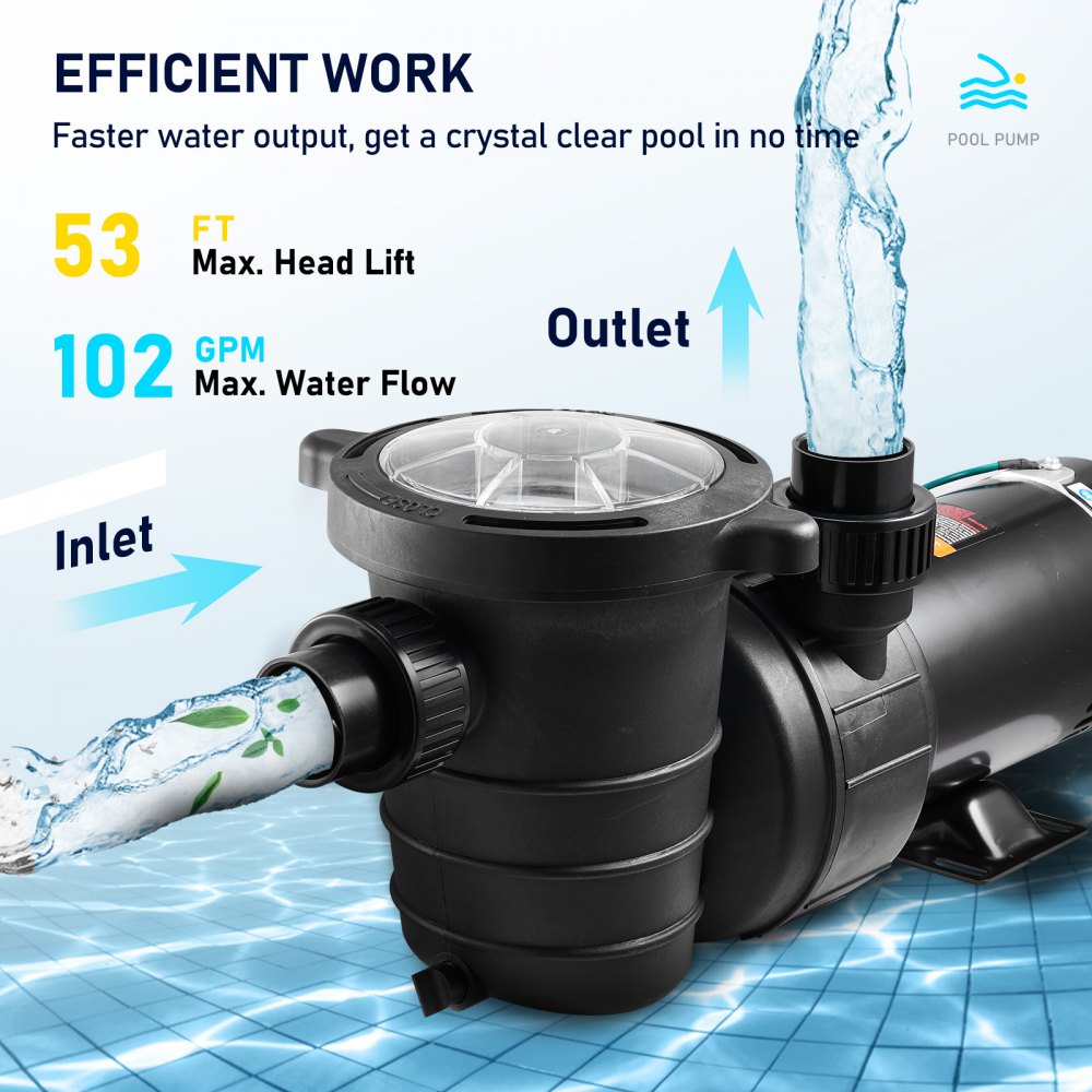 AMITOOLS Swimming Pool Pump 2.0HP 115V 1500W, Single Speed Pumps for Above Ground Pool, Powerful Self Primming Pool Pumps w/ Strainer Basket, 5400 GPH Max. Flow, ETL Certification