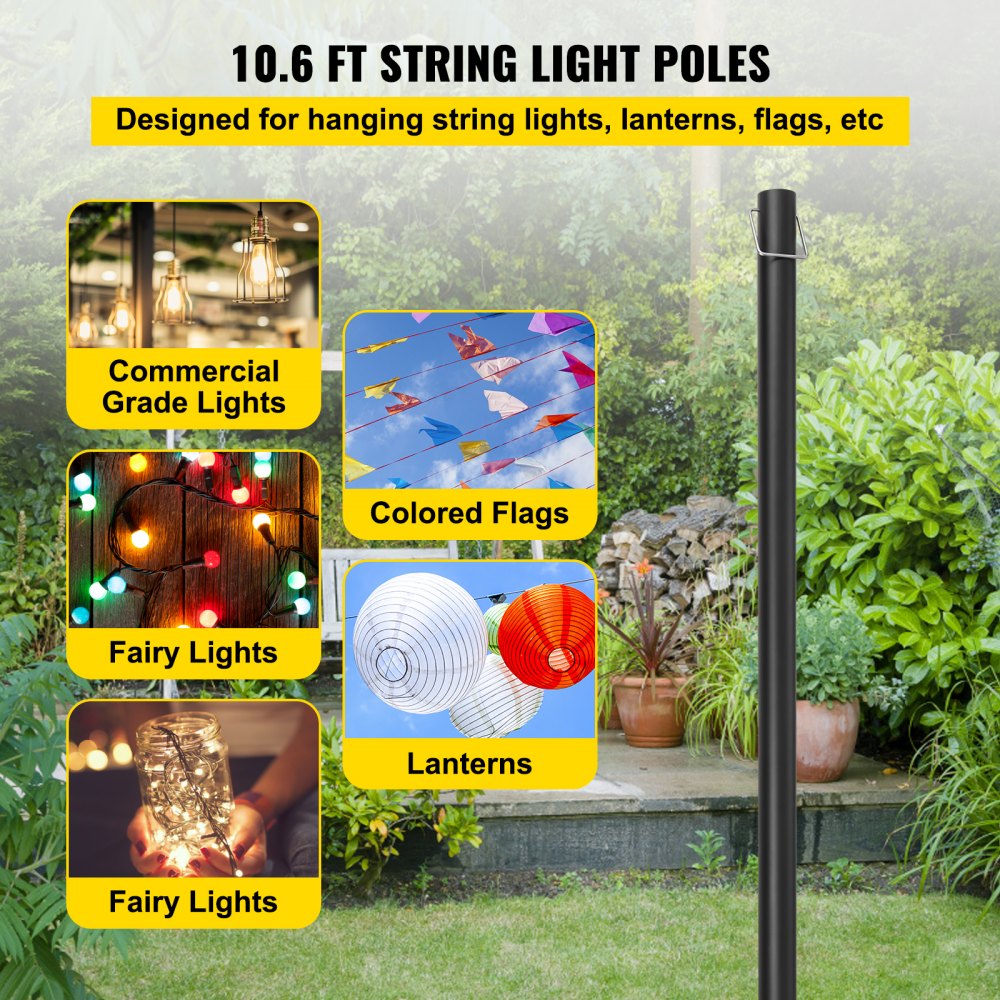 AMITOOLS String Light Poles, 2 Pack 10.6 FT, Outdoor Powder Coated Steel Lamp Post with Hooks to Hang Lantern and Flags, Universal Mounting Options to Decorate Garden, Patio, and Deck for Party, Black