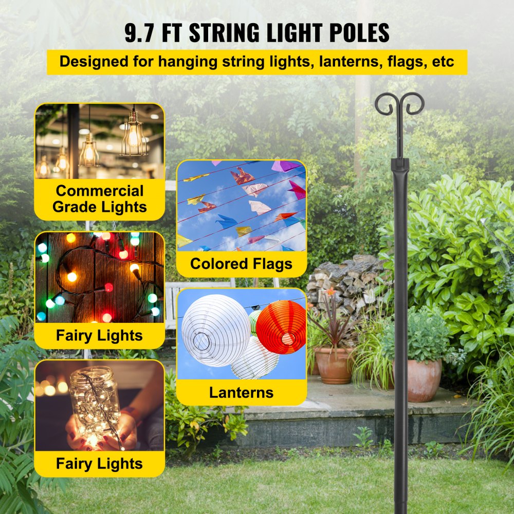 AMITOOLS String Light Poles, 2 Pack 9.7 FT, Outdoor Powder Coated Stainless Steel Lamp Post with Hooks to Hang Lantern and Flags, Decorate Garden, Backyard, Patio, Deck, for Party and Wedding, Black