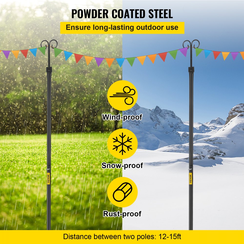 AMITOOLS String Light Poles, 2 Pack 9.7 FT, Outdoor Powder Coated Stainless Steel Lamp Post with Hooks to Hang Lantern and Flags, Decorate Garden, Backyard, Patio, Deck, for Party and Wedding, Black