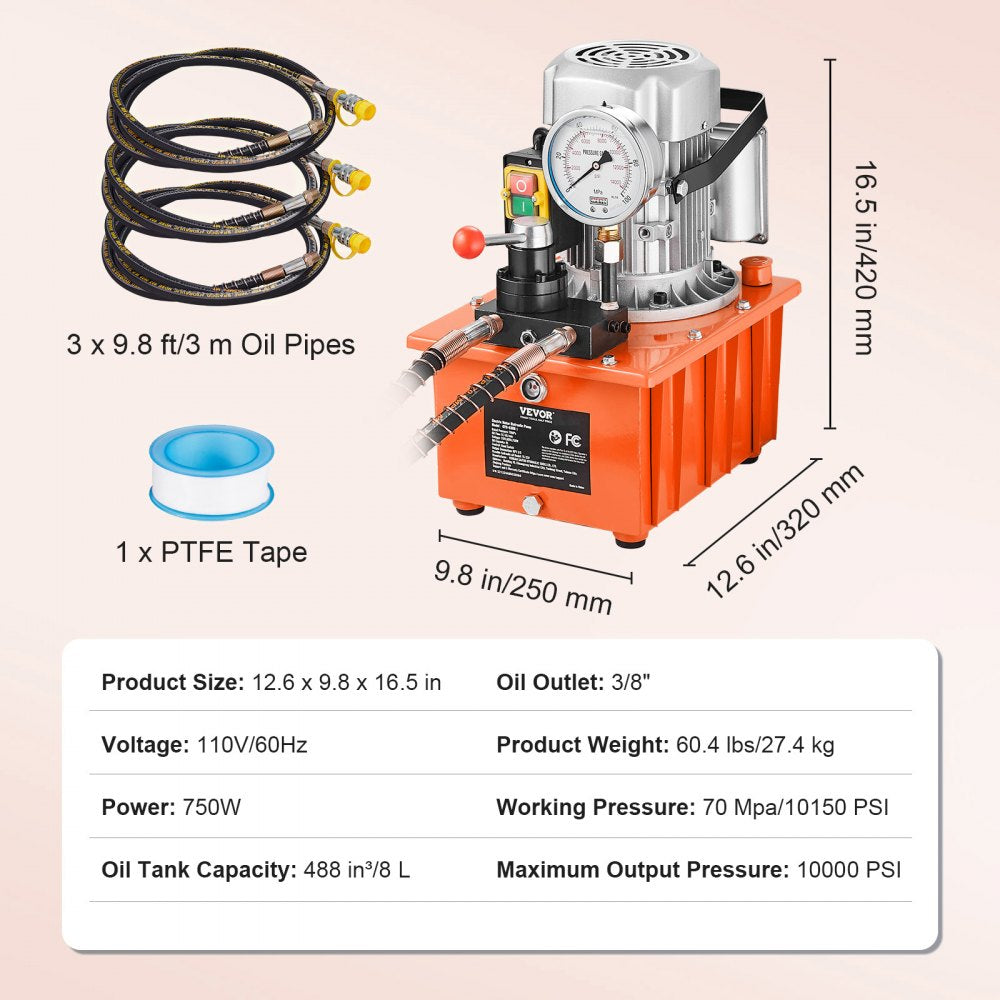 AMITOOLS Electric Hydraulic Pump, 10000 PSI 750W 110V, 488 in³/8L Capacity, Double Acting Manual Valve, Electric Driven Hydraulic Pump Power Pack Unit with Lever Switch for Punching/Bending/Jack Machines