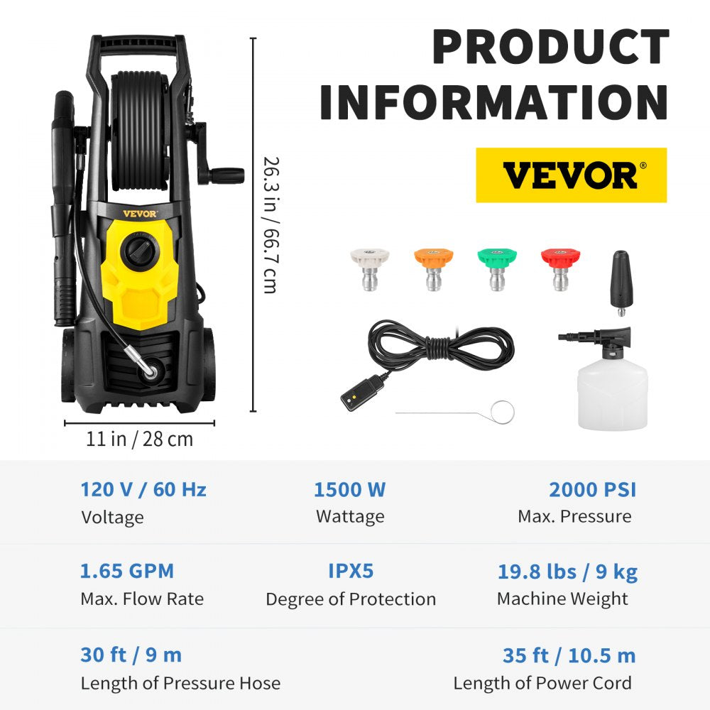 AMITOOLS Electric Pressure Washer, 2000 PSI, Max 1.65 GPM Power Washer w/ 30 ft Hose & Reel, 5 Quick Connect Nozzles, Foam Cannon, Portable to Clean Patios, Cars, Fences, Driveways, ETL Listed