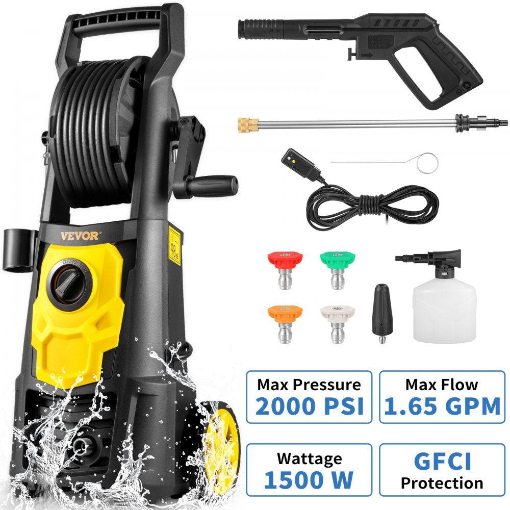 AMITOOLS Electric Pressure Washer, 2000 PSI, Max 1.65 GPM Power Washer w/ 30 ft Hose & Reel, 5 Quick Connect Nozzles, Foam Cannon, Portable to Clean Patios, Cars, Fences, Driveways, ETL Listed