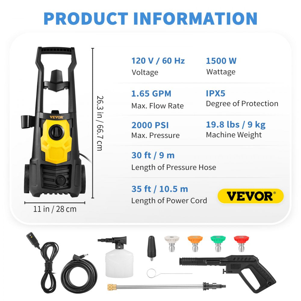 AMITOOLS Electric Power Washer, 2000 PSI, Max 1.65 GPM Pressure Washer w/ 30 ft Hose & Reel, 5 Quick Connect Nozzles, Foam Cannon, Portable to Clean Patios, Cars, Fences, Driveways, ETL Listed