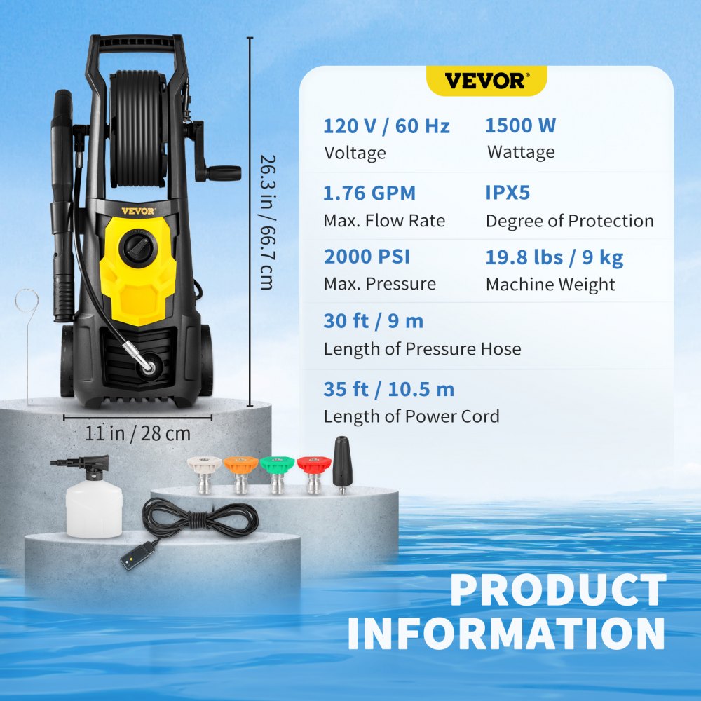 AMITOOLS Electric Pressure Washer, 2000 PSI, Max. 1.76 GPM Power Washer w/ 30 ft Hose, 5 Quick Connect Nozzles, Foam Cannon, Portable to Clean Patios, Cars, Fences, Driveways, ETL Listed