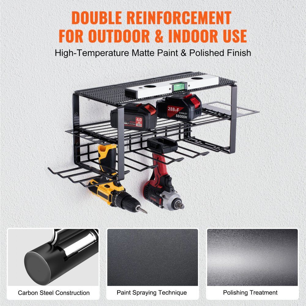 AMITOOLS Power Tool Organizer, 4 Slot, 3 Layers, Cordless Drill Holder Wall Mount, Battery Charging Station Storage Rack, Multi-Function Garage Organization, Heavy Duty Metal Shelf for Screwdriver Pliers