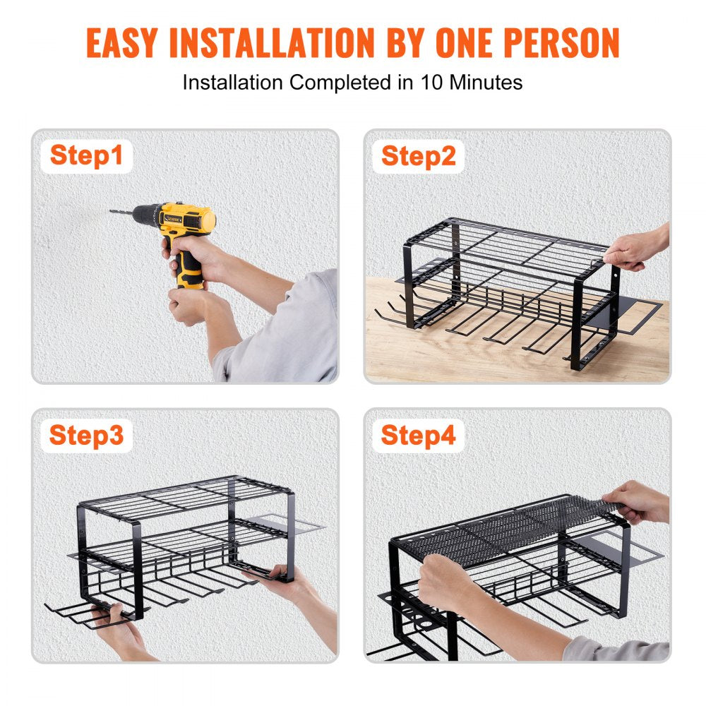 AMITOOLS Power Tool Organizer, 4 Slot, 3 Layers, Cordless Drill Holder Wall Mount, Battery Charging Station Storage Rack, Multi-Function Garage Organization, Heavy Duty Metal Shelf for Screwdriver Pliers