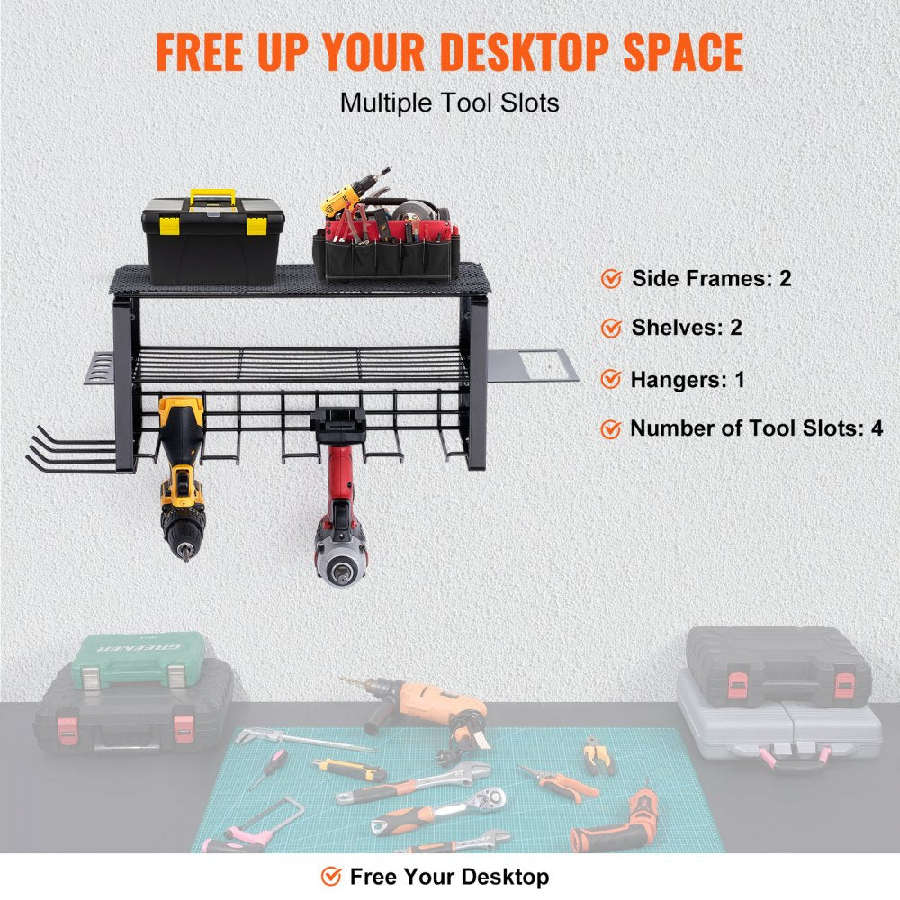 AMITOOLS Power Tool Organizer, 4 Slot, 3 Layers, Cordless Drill Holder Wall Mount, Battery Charging Station Storage Rack, Multi-Function Garage Organization, Heavy Duty Metal Shelf for Screwdriver Pliers