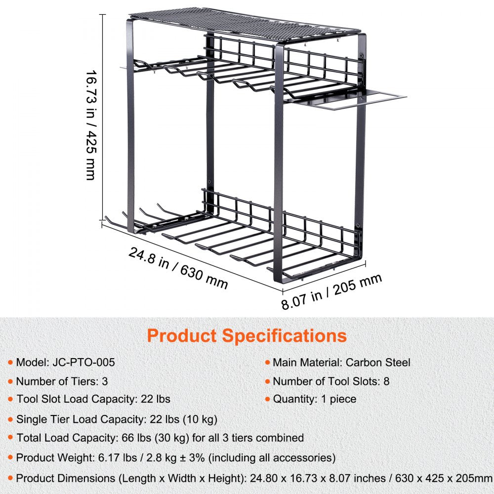 AMITOOLS Power Tool Organizer, 8 Slot, 3 Layers, Cordless Drill Holder Wall Mount, Battery Charging Station Storage Rack, Multi-Function Garage Organization, Heavy Duty Metal Shelf for Screwdriver Pliers