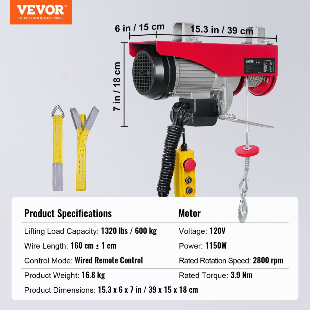 AMITOOLS Electric Hoist, 1320 lbs Lifting Capacity, 1150W 110V Electric Steel Wire Winch with 14ft Wired Remote Control, 40ft Single Cable Lifting Height & Pure Copper Motor, for Garage Warehouse Factory