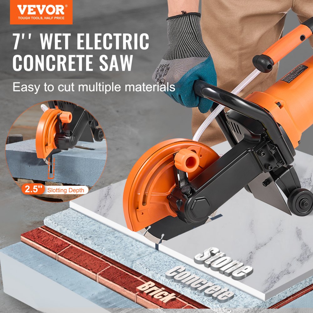 AMITOOLS Electric Concrete Saw, 7 in Circular Saw Cutter, 2000 W High Power with Max. 2.5 in Cutting Depth, Wet/Dry Disk Saw Cutter Includes Water Line, Pump and Blade, for Stone, Brick