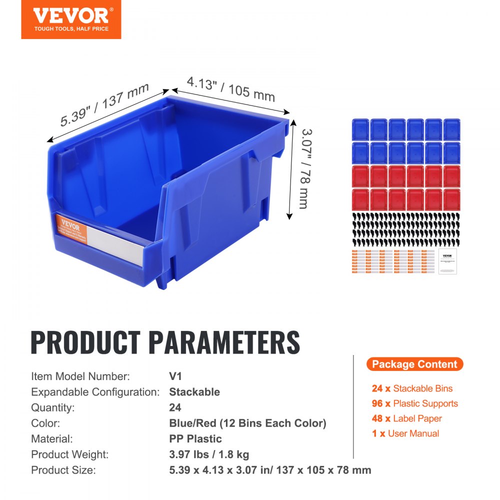 AMITOOLS Plastic Storage Bin, (5-Inch x 4-Inch x 3-Inch), Hanging Stackable Storage Organizer Bin, Blue/Red, 24-Pack, Heavy Duty Stacking Containers for Closet, Kitchen, Office, or Pantry Organization