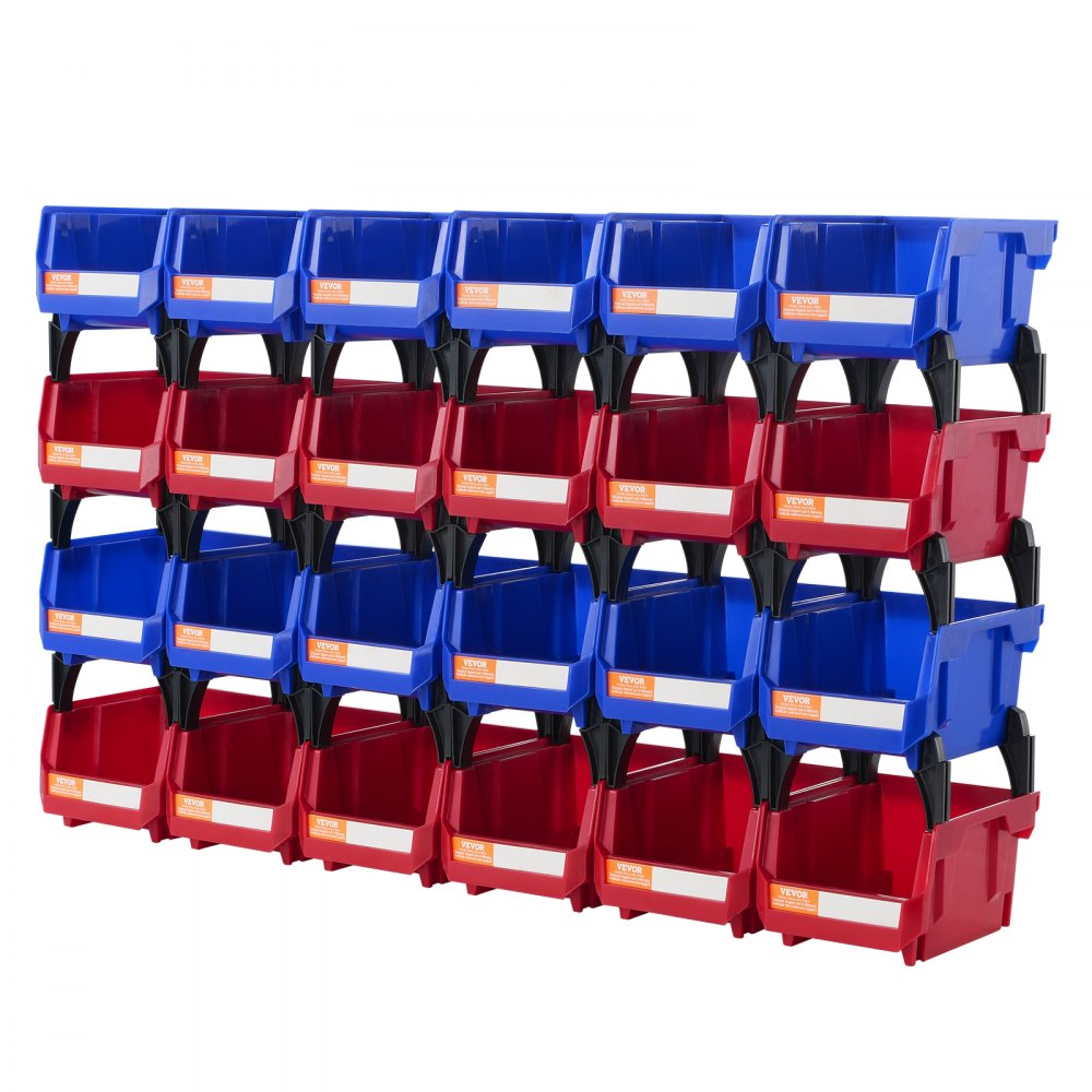 AMITOOLS Plastic Storage Bin, (5-Inch x 4-Inch x 3-Inch), Hanging Stackable Storage Organizer Bin, Blue/Red, 24-Pack, Heavy Duty Stacking Containers for Closet, Kitchen, Office, or Pantry Organization