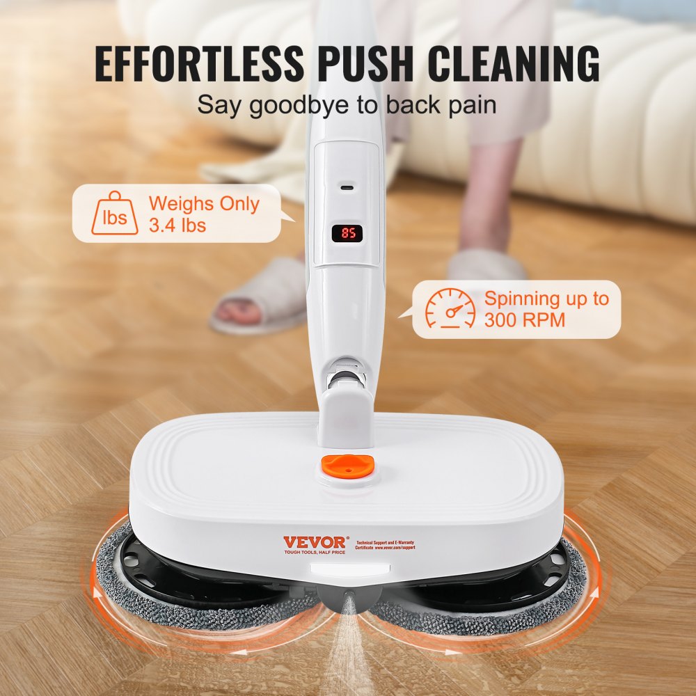 AMITOOLS Cordless Electric Mop, Electric Spin Mop with Water Tank, up to 40 mins Battery, LED Headlight, Dual Mop Heads, 4 Microfiber Pads & 4 Trapezoid Microfiber Pads, for Hardwood/Tile Floor Cleaning