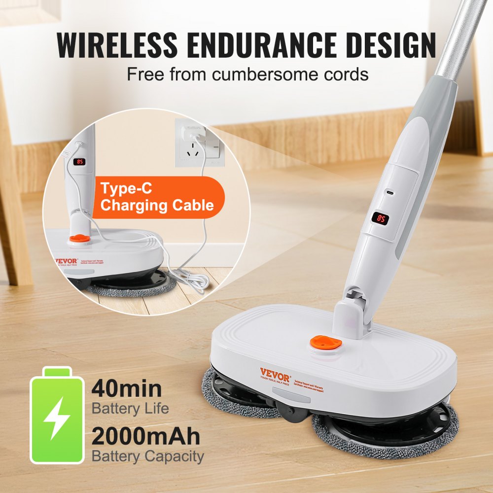 AMITOOLS Cordless Electric Mop, Electric Spin Mop with Water Tank, up to 40 mins Battery, LED Headlight, Dual Mop Heads, 4 Microfiber Pads & 4 Trapezoid Microfiber Pads, for Hardwood/Tile Floor Cleaning