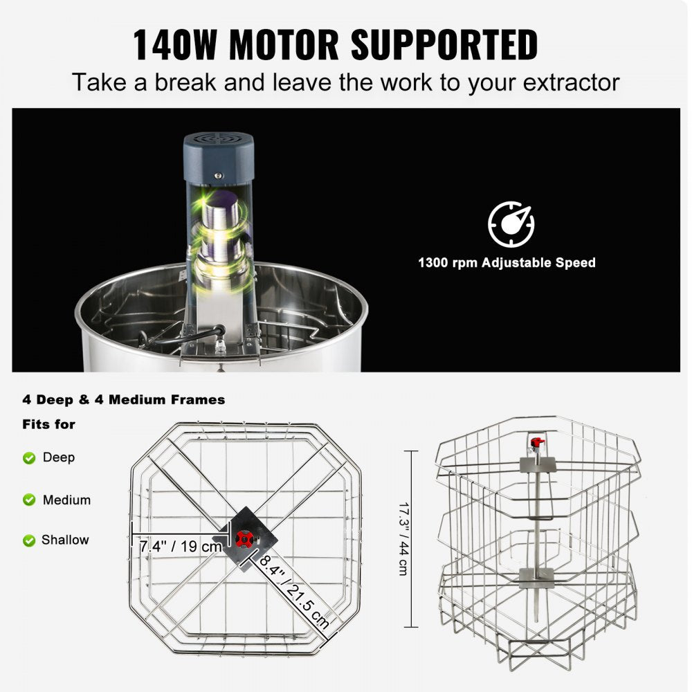 AMITOOLS Electric Honey Extractor, 4/8 Frames Honey Spinner Extractor, Stainless Steel Beekeeping Extraction, Apiary Centrifuge Equipment with Height Adjustable Stand, Honeycomb Drum Spinner with Lid