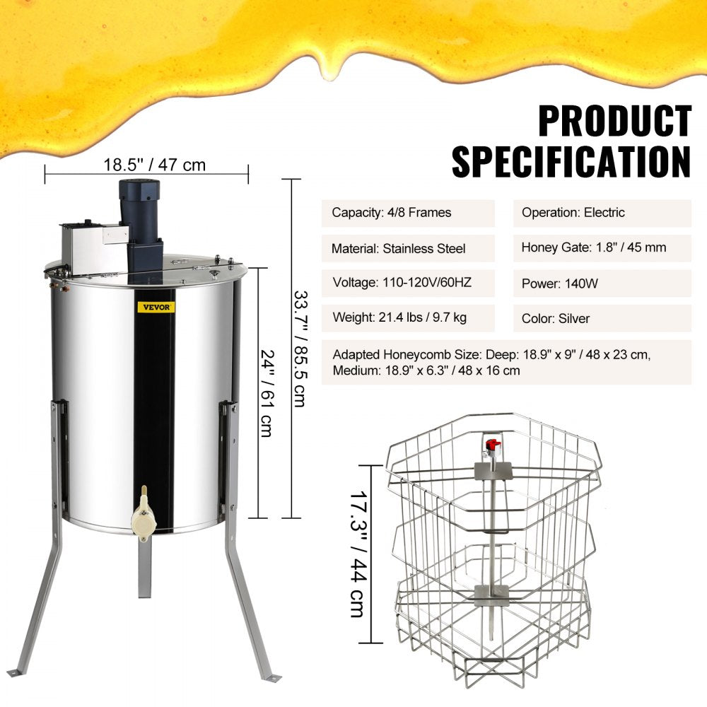 AMITOOLS Electric Honey Extractor, 4/8 Frames Honey Spinner Extractor, Stainless Steel Beekeeping Extraction, Apiary Centrifuge Equipment with Height Adjustable Stand, Honeycomb Drum Spinner with Lid