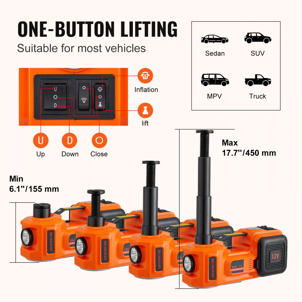 AMITOOLS Electric Car Jack, 5 Ton/11023 LBS Hydraulic Jack with Electric Impact Wrench, Portable Car Lift with Built-in Inflatable Pump, and LED Light for SUV MPV Sedan Truck Change Tires Garage Repair