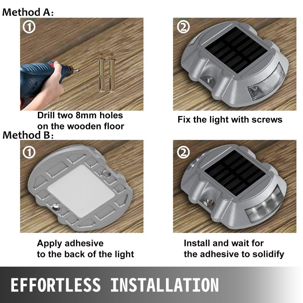 AMITOOLSSolar Deck Lights with Swtich, Solar Driveway Lights LED Bright White, Dock Lights with Screw Outdoor Waterproof Flat for Boat, Marine, Lake, Warning