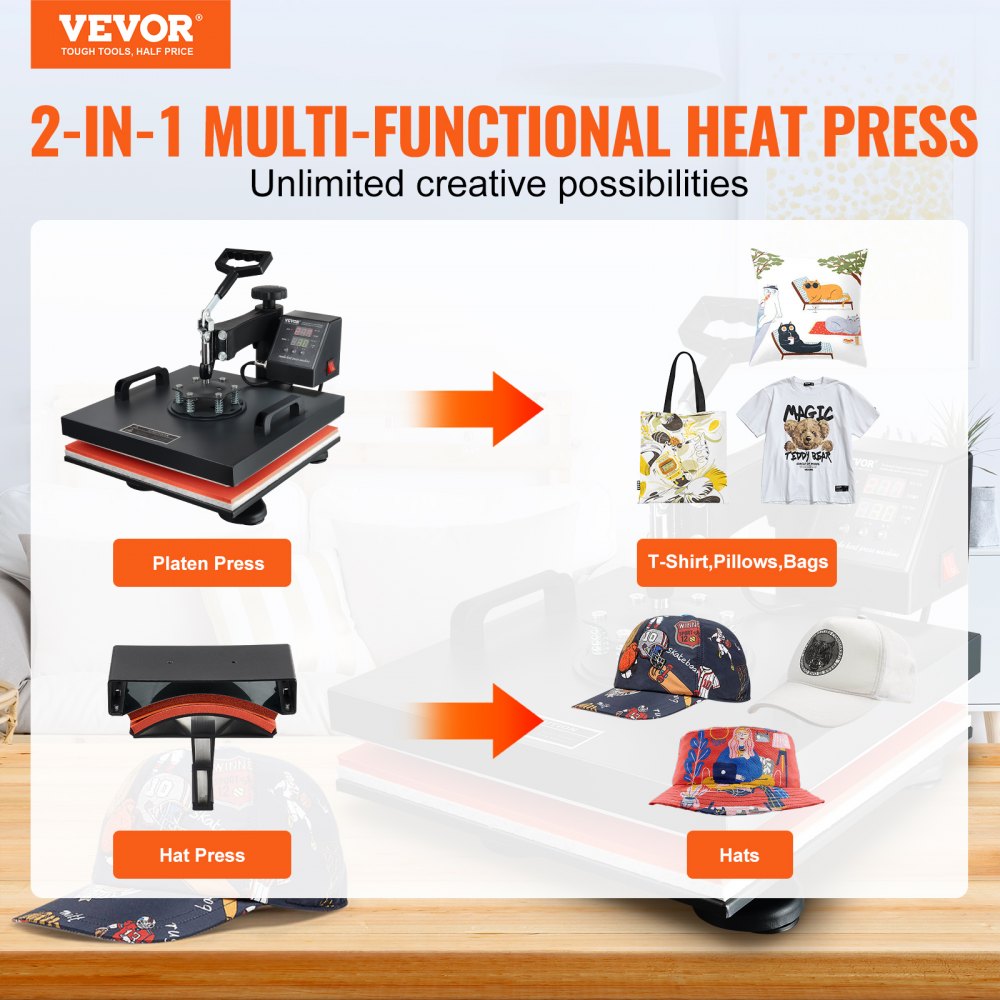 AMITOOLS Heat Press Machine 2In1 15x15in Sublimation Print Transfer DIY T-shirt Cap