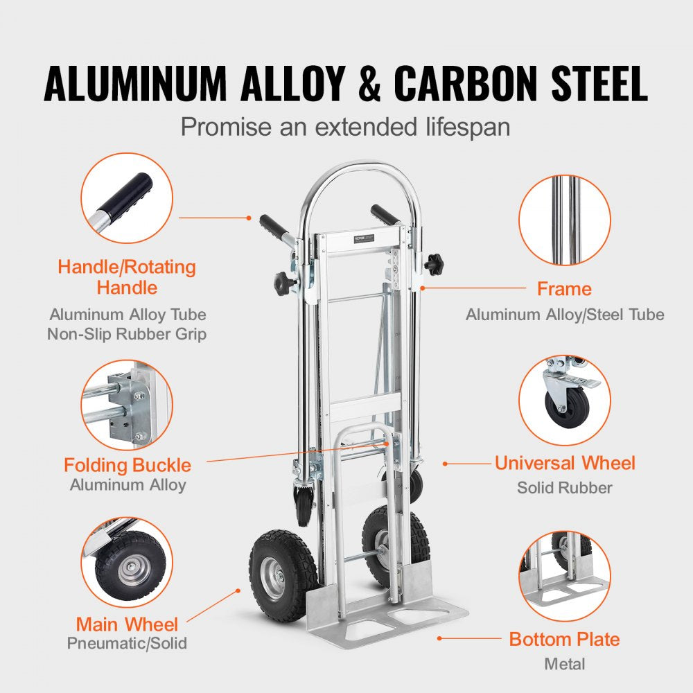 AMITOOLS Aluminum Folding Hand Truck, 4 in 1 Design 1000 lbs Capacity, Heavy Duty Industrial Collapsible cart, Dolly Cart with Rubber Wheels for Transport and Moving in Warehouse, Supermarket, Garden