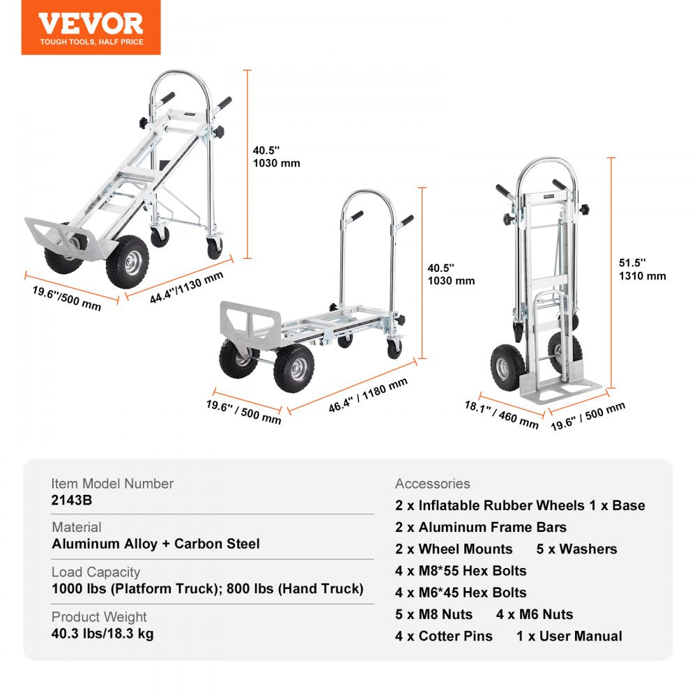 AMITOOLS Aluminum Folding Hand Truck, 4 in 1 Design 1000 lbs Capacity, Heavy Duty Industrial Collapsible cart, Dolly Cart with Rubber Wheels for Transport and Moving in Warehouse, Supermarket, Garden