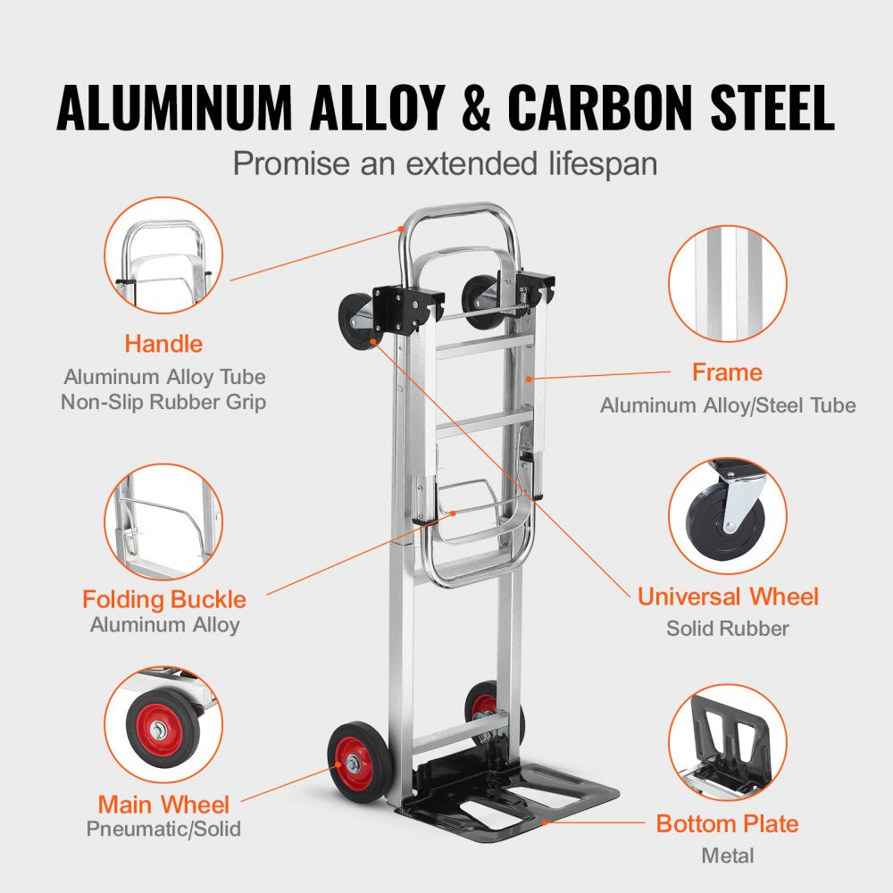 AMITOOLS Aluminum Folding Hand Truck, 2 in 1 Design 400 lbs Capacity, Heavy Duty Industrial Collapsible cart, Dolly Cart with Rubber Wheels for Transport and Moving in Warehouse, Supermarket, Garden