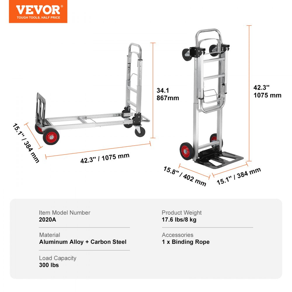 AMITOOLS Aluminum Folding Hand Truck, 2 in 1 Design 400 lbs Capacity, Heavy Duty Industrial Collapsible cart, Dolly Cart with Rubber Wheels for Transport and Moving in Warehouse, Supermarket, Garden